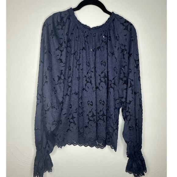 Free People Lace Blouse  Women's Size Medium Blue Eyelet Boho Top Flowy - Picture 2 of 7